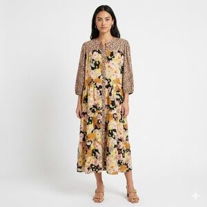 Johnny Was Tate Tiered Leopard Floral Midi Dress